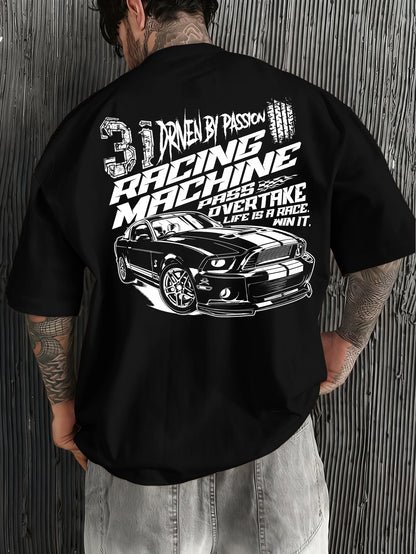 Men Oversized T-Shirt Mustang Racing Car Back Print Tee Racing Machine Streetwear Unisex Pink Summer Short Sleeve Top