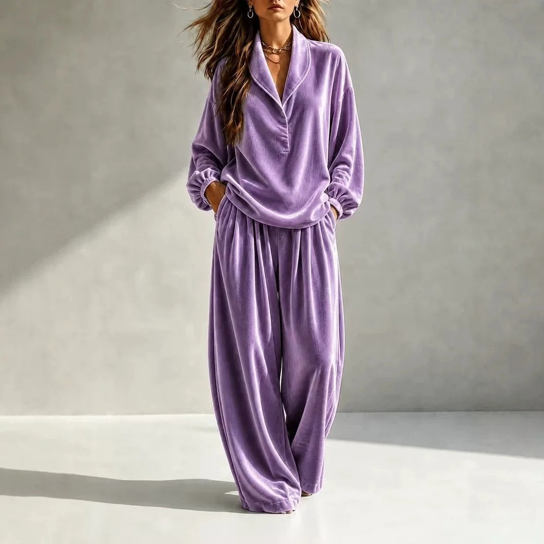 MsChuh Women's Matching Sets Velvet Lapel Two Piece Outfit Long Sleeve Top Wide Leg Pants Ropa Mujer Casual Daily Lounge Outfits