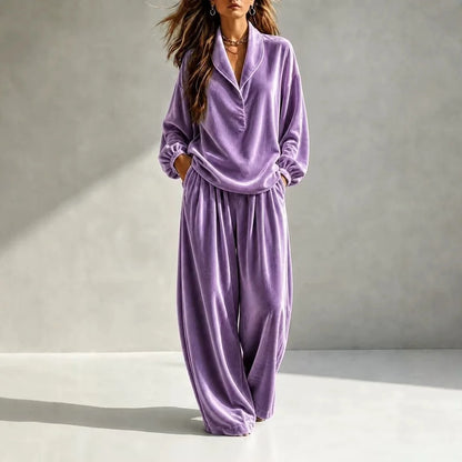 MsChuh Women's Matching Sets Velvet Lapel Two Piece Outfit Long Sleeve Top Wide Leg Pants Ropa Mujer Casual Daily Lounge Outfits