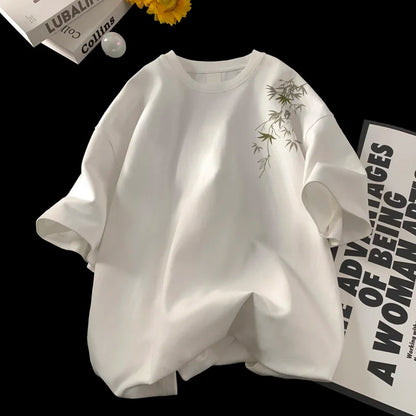 Men's Oversized T-shirts White Cotton T Shirt 5XL for Men Casual Summer Wear Fashion Leaf Print Tee Shirts Men Clothing